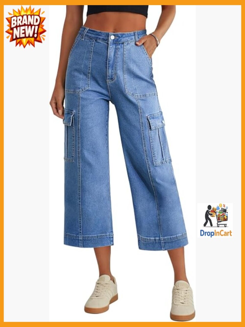Cargo Capri Pants for Women High Waisted 6 Pockets Stretchy Straight Wide Leg